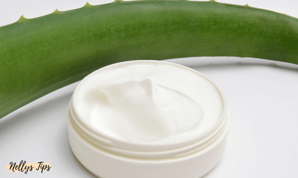 En öppen burk med kräm bredvid ett aloe vera-blad.