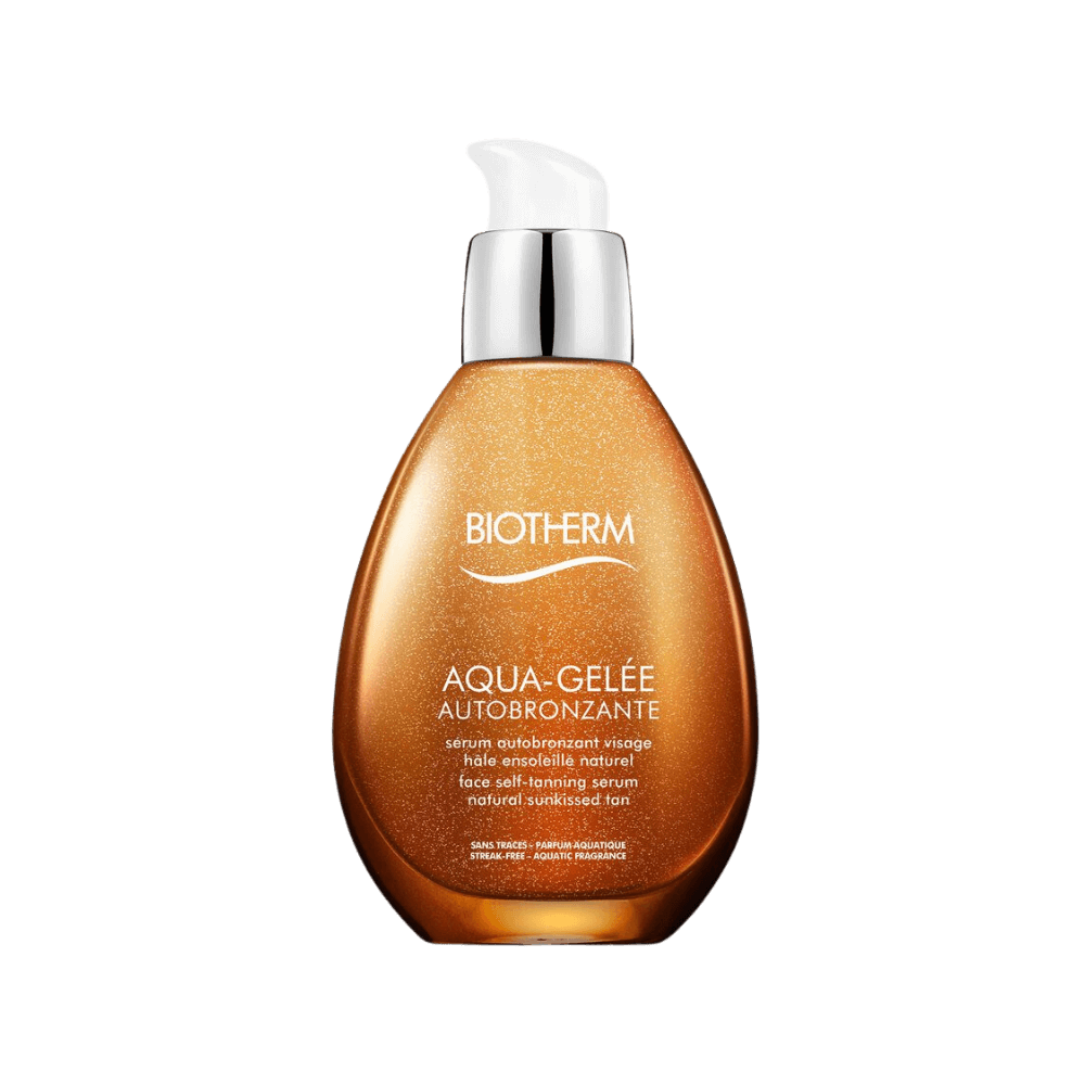 Biotherm Aqua-Gelée Autobronzante serum i en orange pumpflaska.