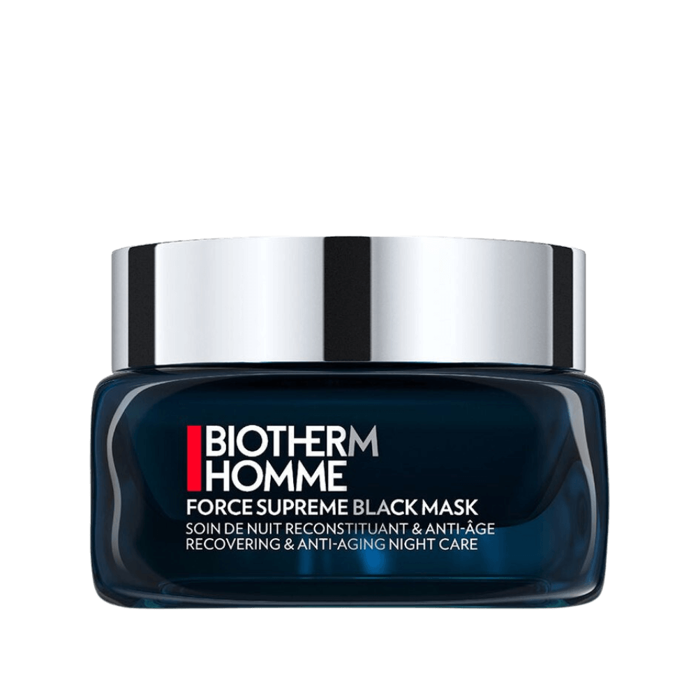 Biotherm Homme Force Supreme Black Mask, nattkräm och anti-aging vård i en mörkblå burk med silverlock.