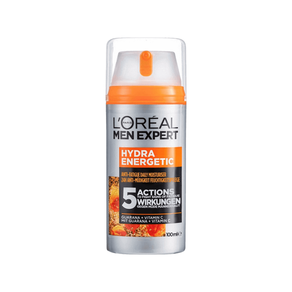 L'Oréal Men Expert Hydra Energetic fuktighetskräm i silver- och orangeflaska.