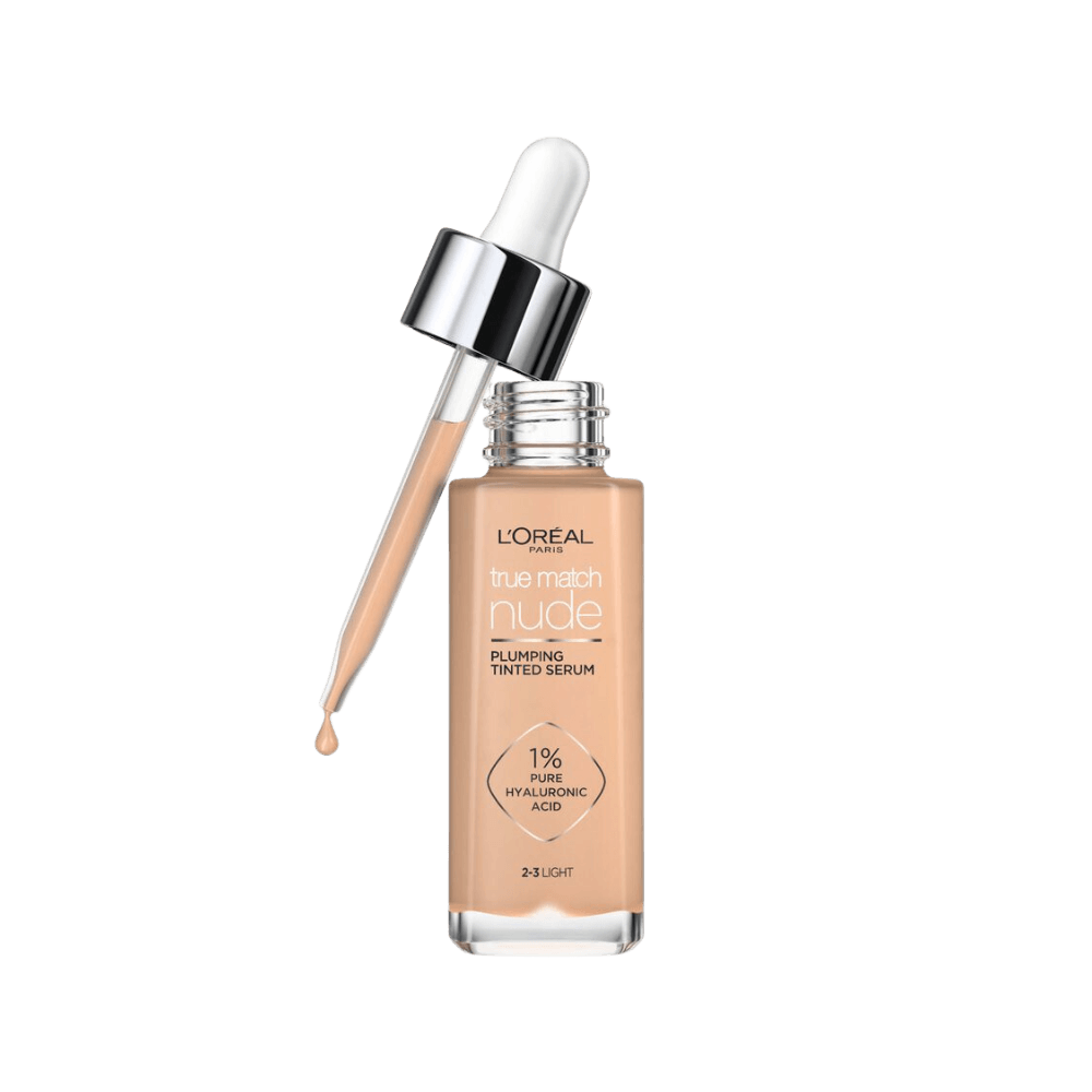 L'Oréal Paris True Match Nude Plumping Tinted Serum med hyaluronsyra, flaska och pipett.