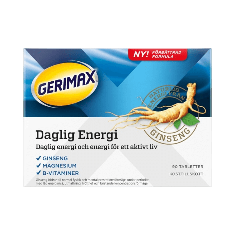 Gerimax kosttillskott med ginseng, magnesium och B-vitaminer för daglig energi och fokus.