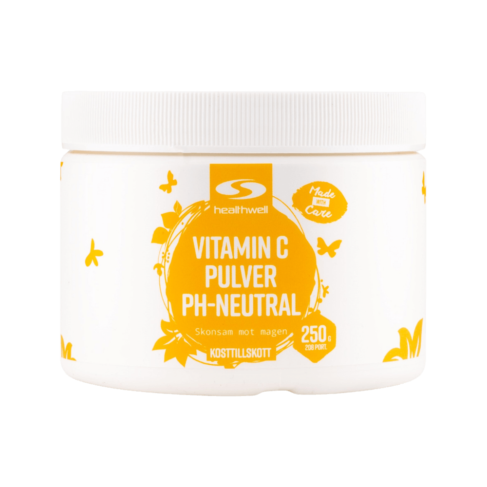 En vit plastburk med etiketten 'Healthwell Vitamin C Pulver PH-Neutral' som innehåller 250 gram. Etiketten är vit med orange text och dekorativa element i form av fjärilar och blommor. Burken har en vit skruvkork.