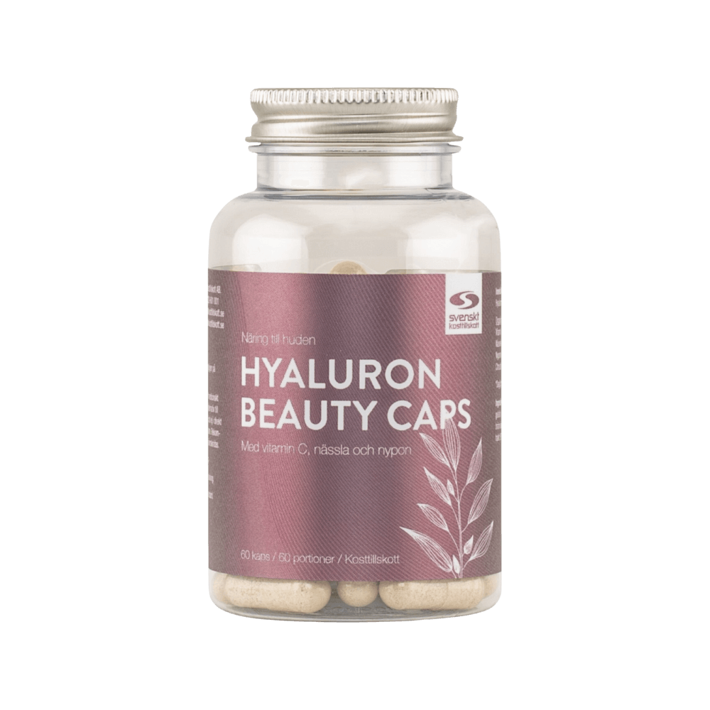 Svensk Kosttillskott Hyaluron Beauty Caps, 60 kapslar för hudvård med vitamin C, nässla och nypon.