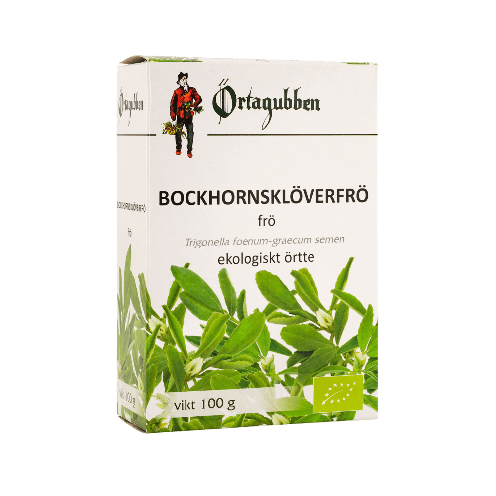 Örtagubben Bockhornsklöverfrö förpackning, vit kartong med gröna blad och Örtagubben logotyp.