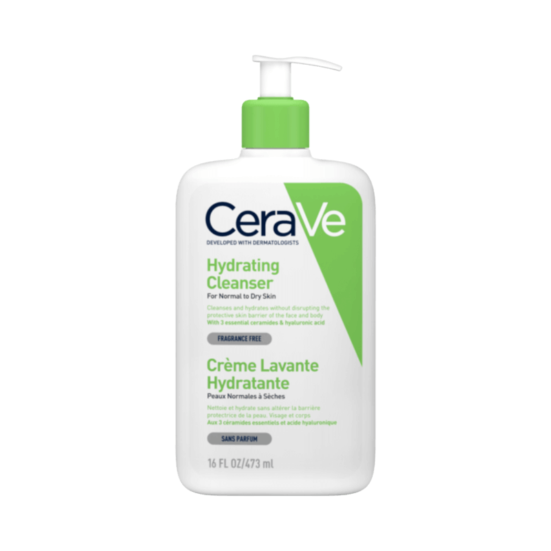 CeraVe Hydrating Cleanser – parfymfri ansiktsrengöring för torr och normal hud i 473 ml pumpflaska.