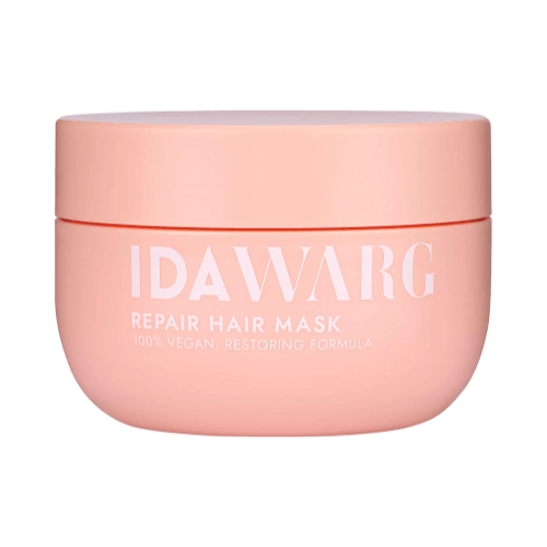 Ida Warg Repair Hair Mask, en ljusrosa burk med vitt lock, 100% vegansk, återställande formula.