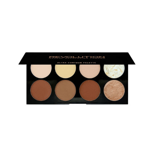 Makeup Revolution Ultra Contour Palette, en sminkpalett innehållande åtta olika nyanser för contouring och highlighting. Paletten inkluderar både matta och skimrande färger, perfekt för att skapa djup och definiera ansiktsdrag.