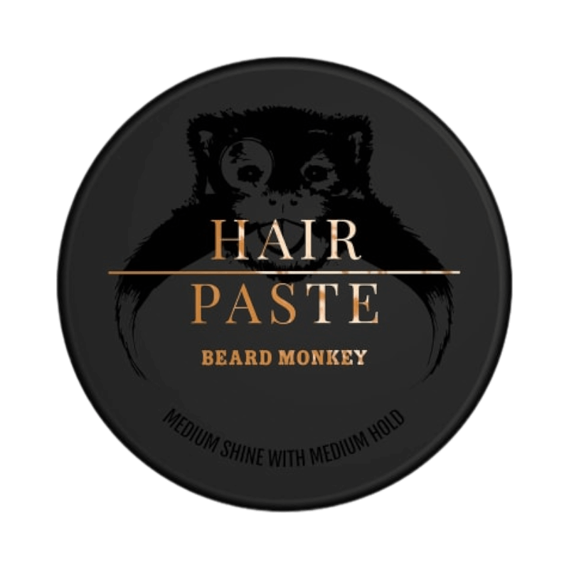 Beard Monkey Hair Paste i svart burk med text i guld, hårvax med medium glans och medium stadga.