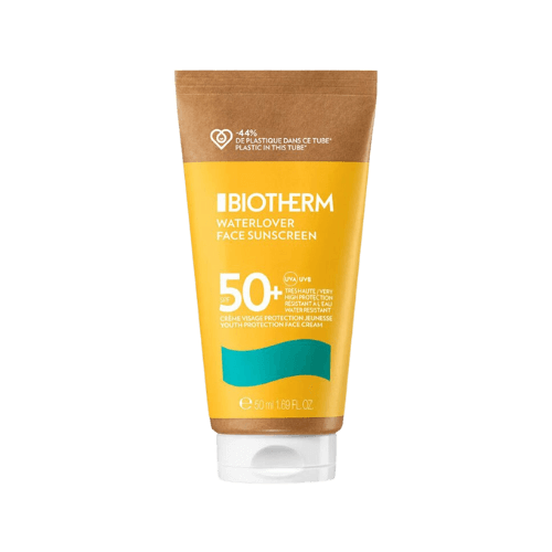 Biotherm Waterlover Face Sunscreen SPF 50+ – Solskyddskräm för ansiktet med hög solskyddsfaktor och anti-aging egenskaper.