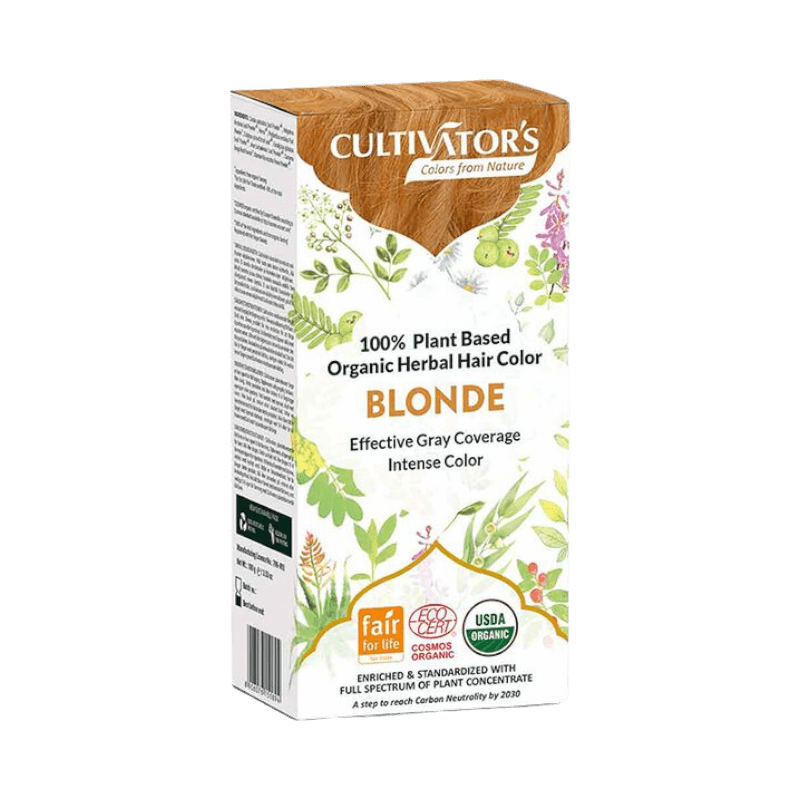 Cultivator's 100% växtbaserad ekologisk hårfärg i nyansen Blonde – effektiv täckning av grått hår och intensiv färg, certifierad ekologisk och vegansk.