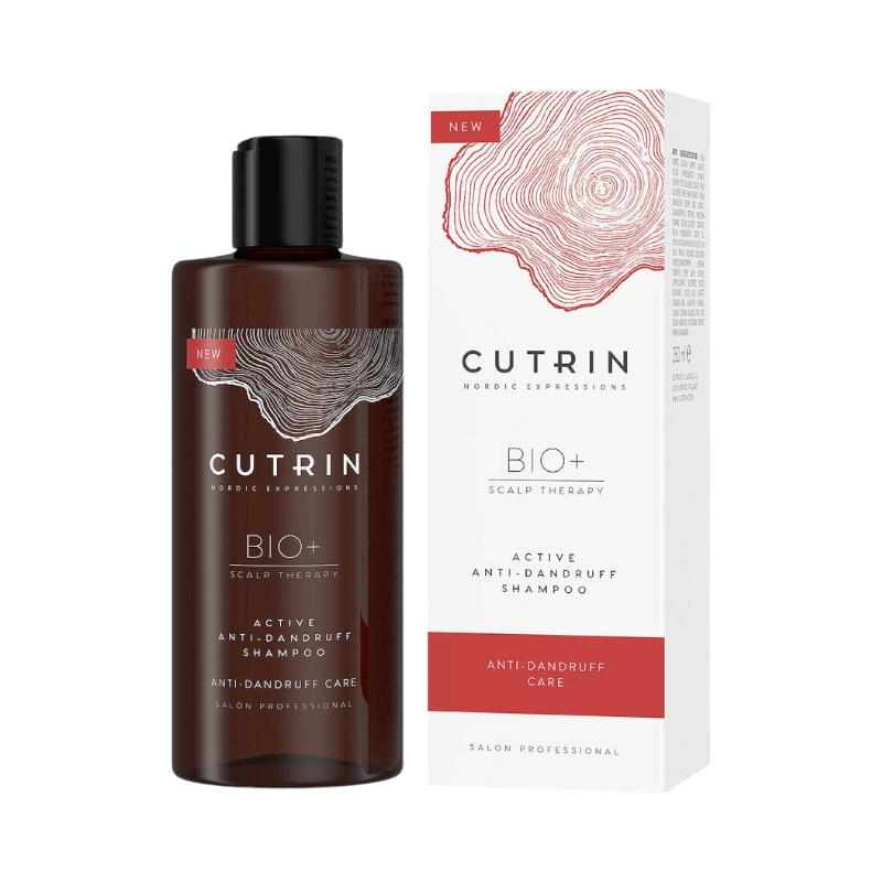 Cutrin BIO+ Active Anti-Dandruff Shampoo, professionellt mjällschampo med förpackning.