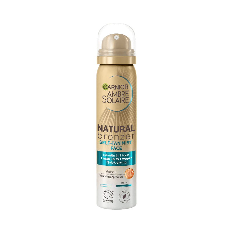 Garnier Ambre Solaire Natural Bronzer Self Tan Face Mist – brun utan sol sprayflaska för ansiktet med snabbverkande och långvarig effekt, innehållande vitamin E och aprikoskärnolja.