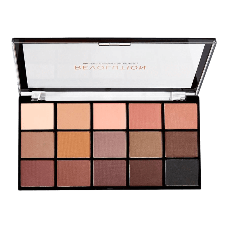 Makeup Revolution Re-Loaded Palette Basic med 15 matta och neutrala nyanser, idealisk för både vardags- och festmakeup.