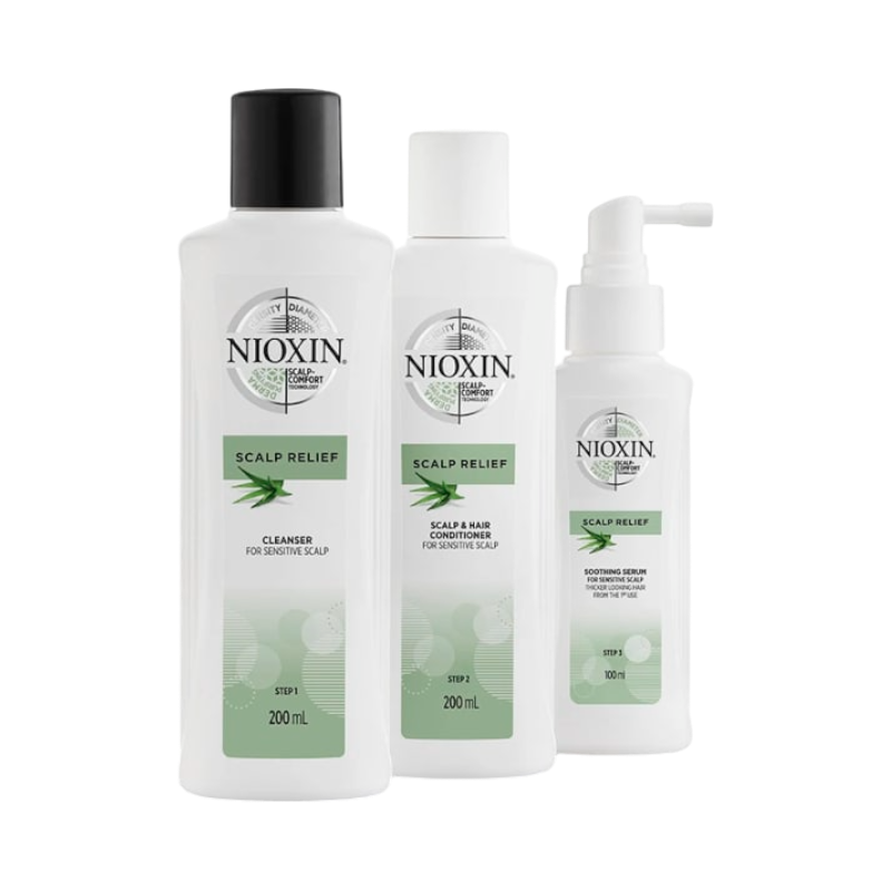 Nioxin Scalp Recovery Kit med purifying cleanser, moisturizing conditioner och soothing serum för mjällig, kliande och fjällande hårbotten.