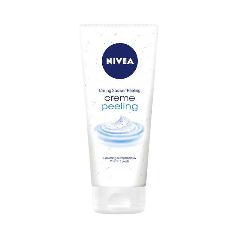 Nivea Caring Shower Cream Peeling, exfolierande duschkräm med mikropartiklar och vitamin E, för silkeslen hud.