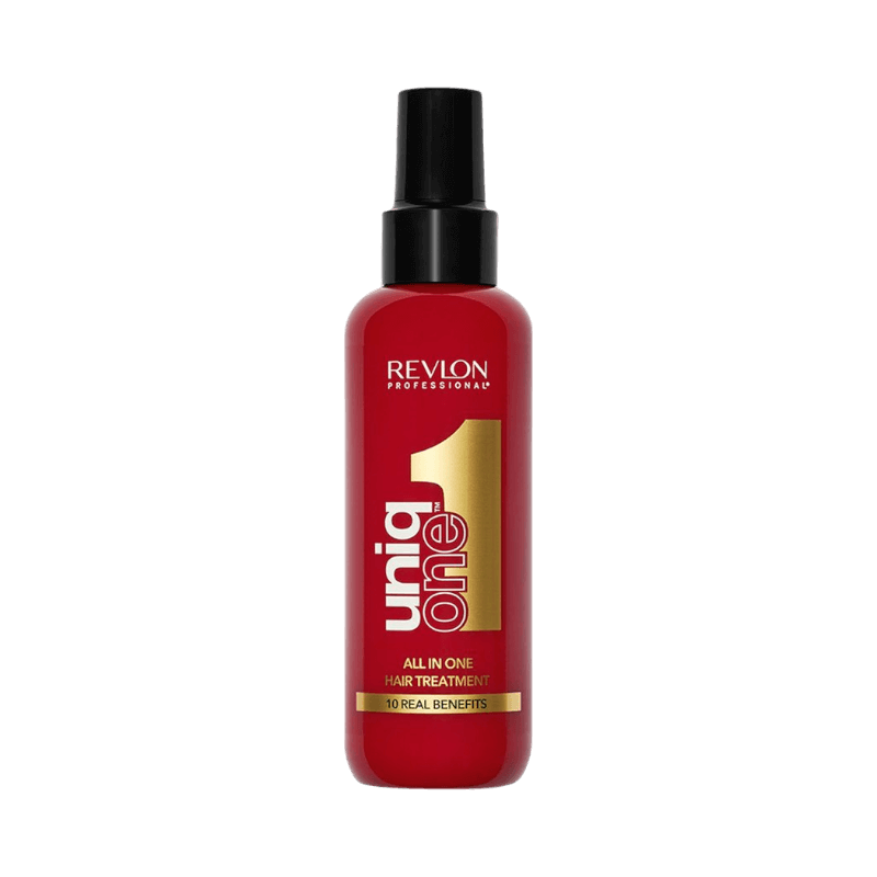 Revlon Professional Uniq One All In One Hair Treatment spray i röd flaska, erbjuder 10 fördelar för håret.