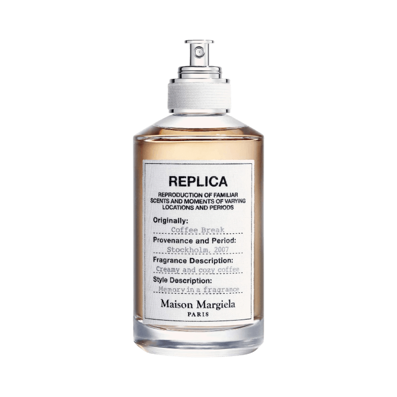 Maison Margiela Replica Coffee Break Eau de Toilette i glasflaska med etikett och silverfärgad spraypump