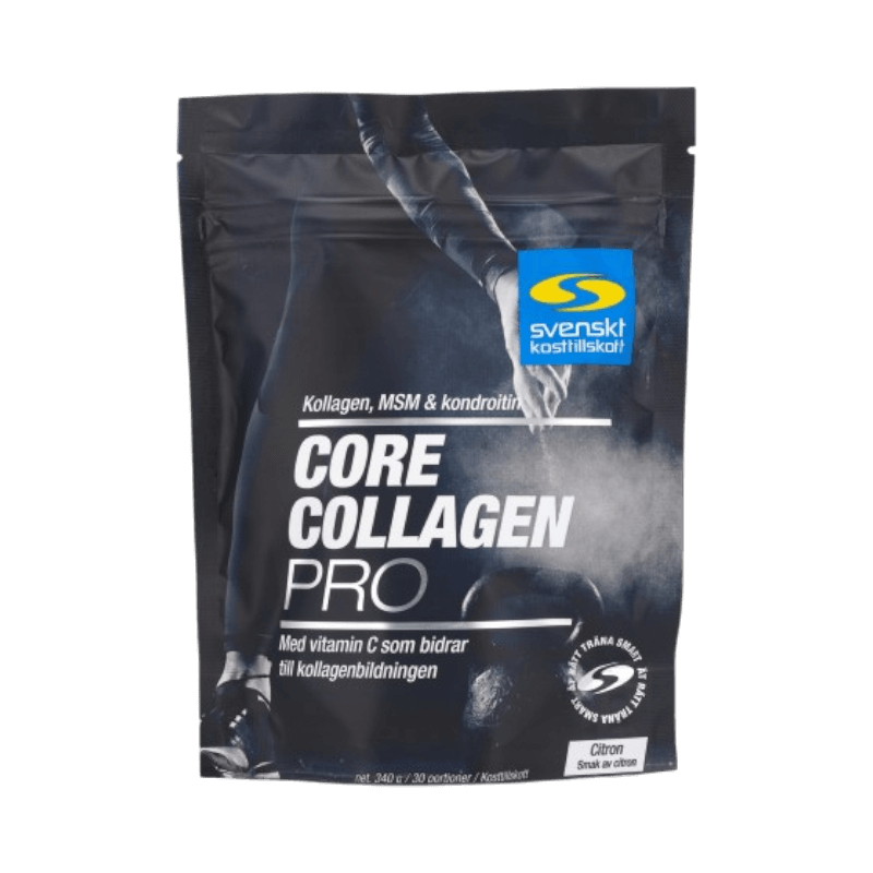 Core Collagen Pro med MSM och vitamin C i svart förpackning för aktiv livsstil.