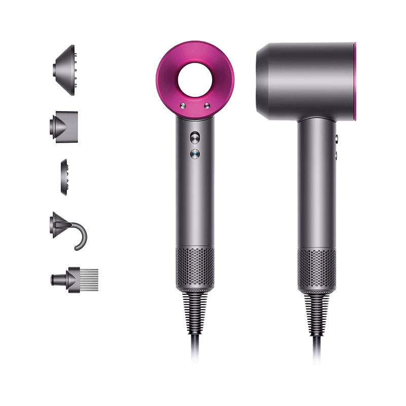 Dyson Supersonic HD07 hårfön i järngrå och fuchsia. Kraftfull, snabb och skonsam hårtork med flera munstycken