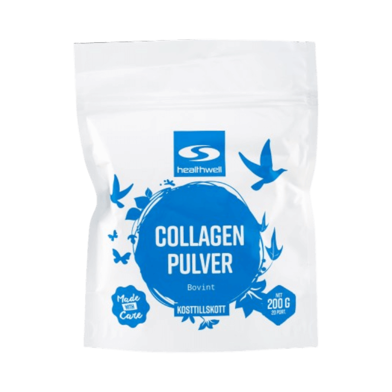 Healthwell Collagen Pulver med marint kollagen i vit påse med gröna detaljer.