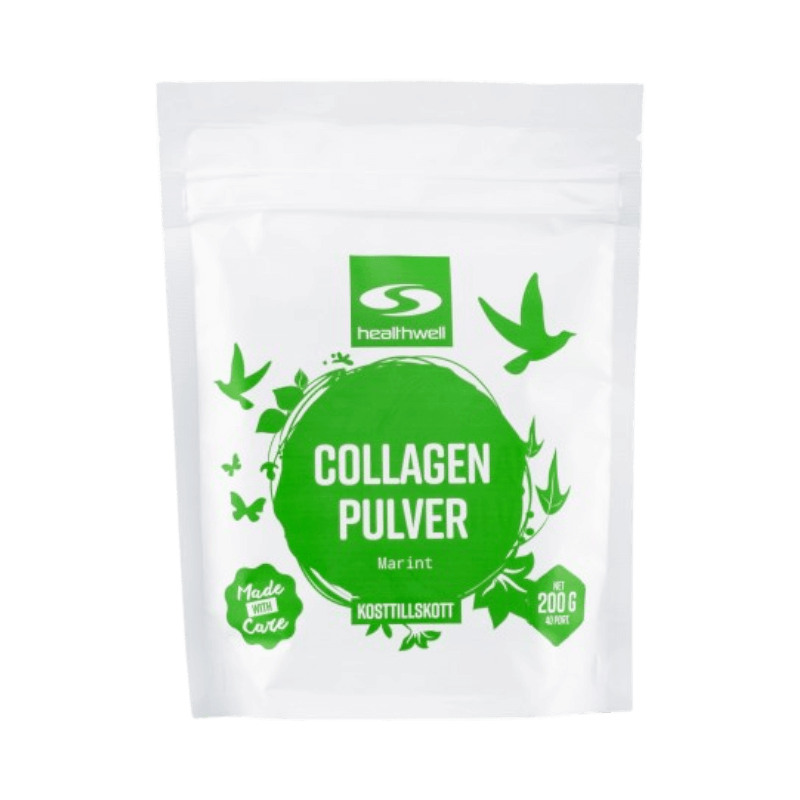 Healthwell Collagen Pulver med marint kollagen i vit påse med gröna detaljer.
