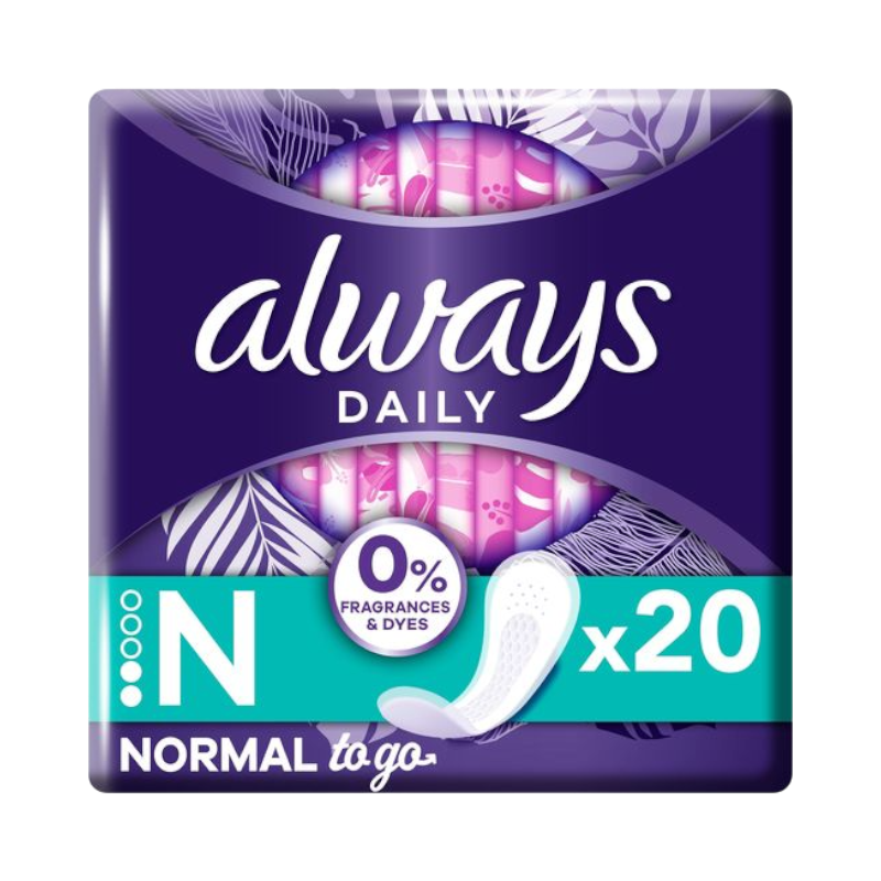 Always Daily trosskydd normal, 0 % parfym och färgämnen, för dagligt bruk, 20-pack.