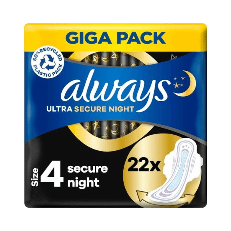 Always Ultra Secure Night bindor med vingar, storlek 4 för nattskydd, 22 stycken.