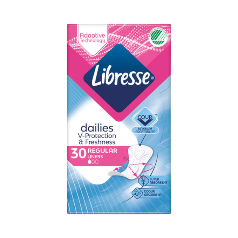 Libresse Regular trosskydd med V-Protection och odörabsorbering, 30 stycken.