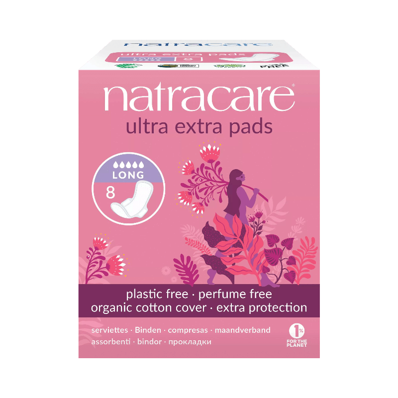 Natracare ultra extra bindor med lång passform, parfymfria och plastfria, 8 stycken.