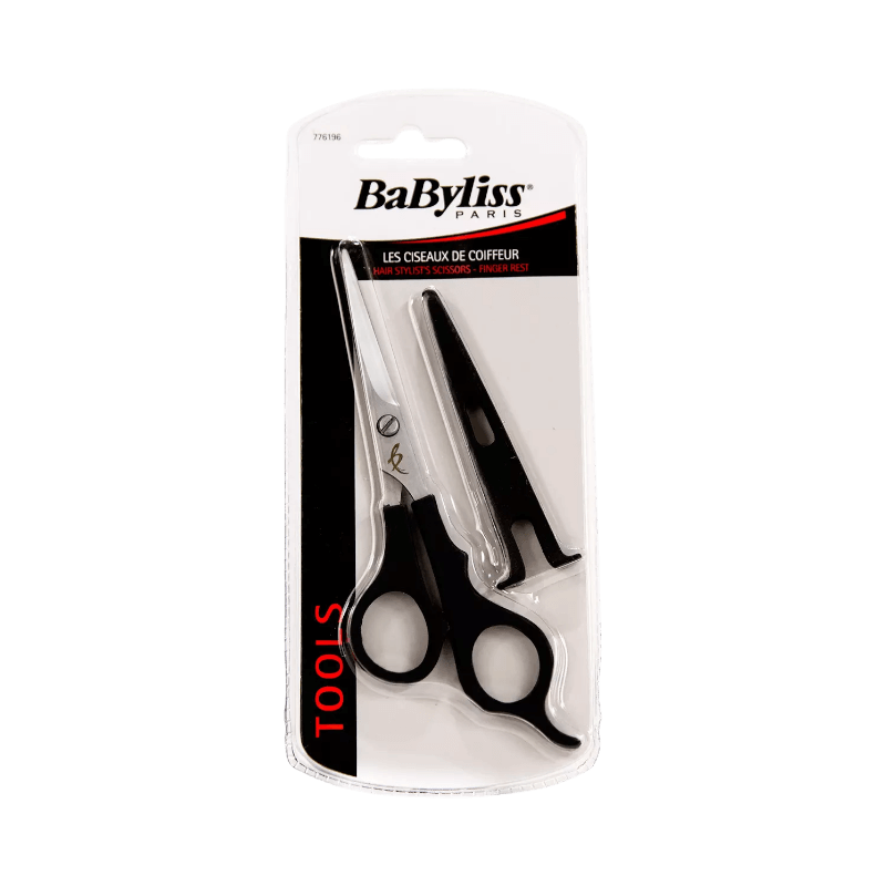 BaByliss frisörsax med svart handtag och fingerstöd, för exakt och bekväm hårklippning hemma.