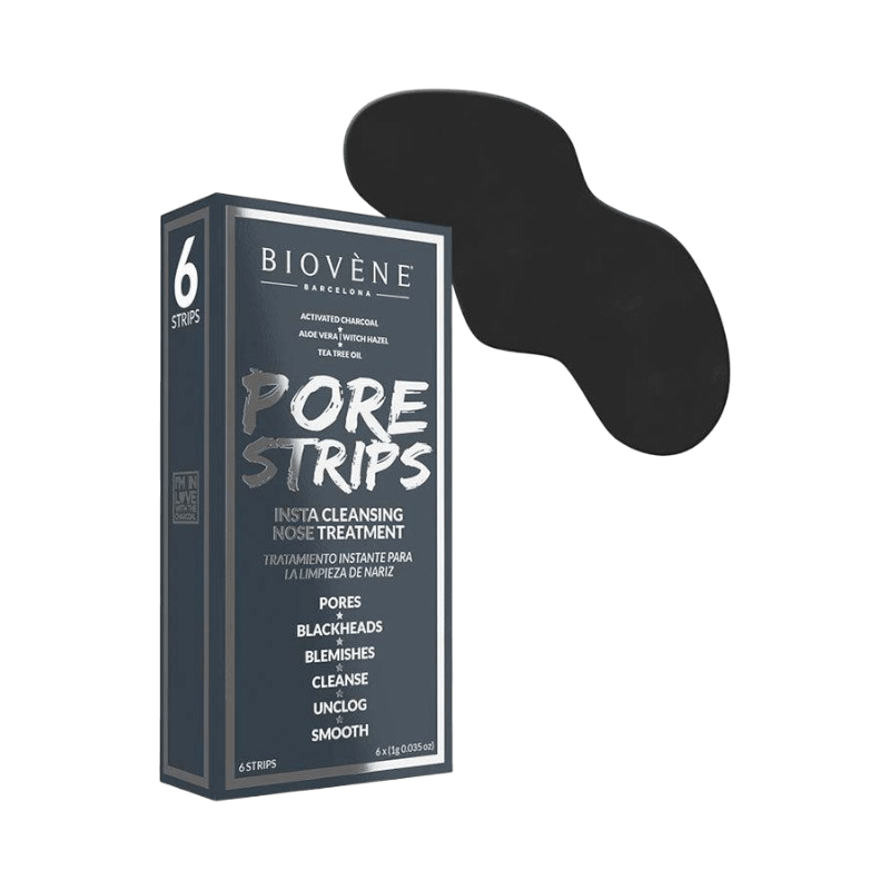 Biovène Pore Strips med aktivt kol för djuprengöring av porer och avlägsnande av pormaskar.