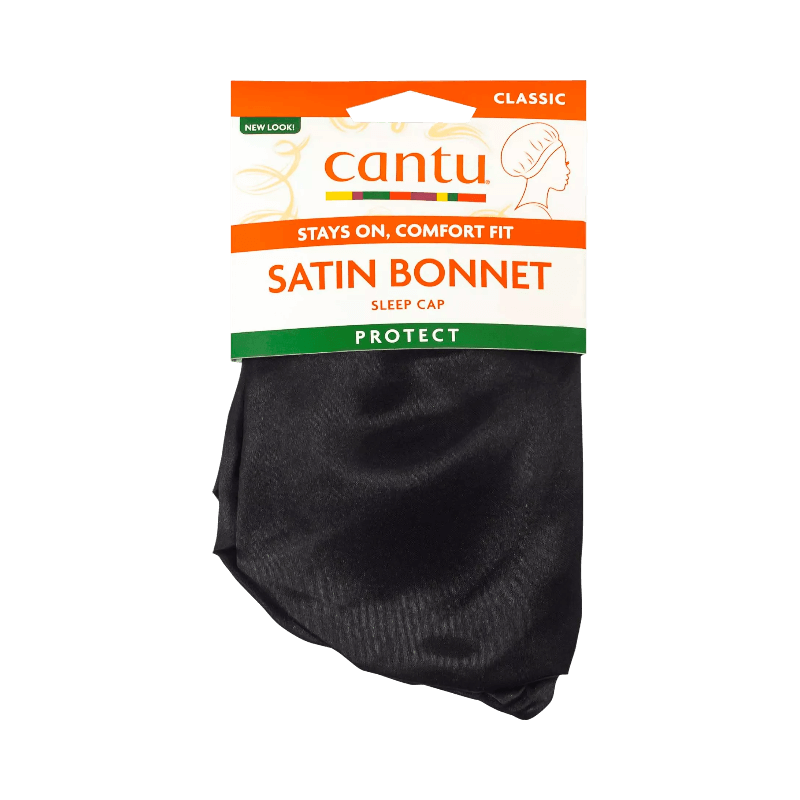 Cantu Satin Bonnet sovmössa i förpackning för skonsam hårvård under sömn.