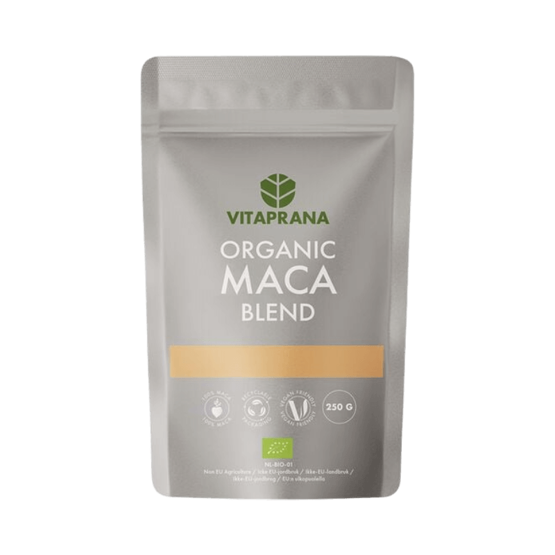 Vitaprana ekologisk maca blend i påse, naturligt tillskott med 250 gram innehåll.