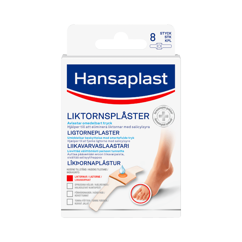 Hansaplast liktornsplåster med salicylsyra som omedelbart lindrar tryck och hjälper till att avlägsna liktornar.