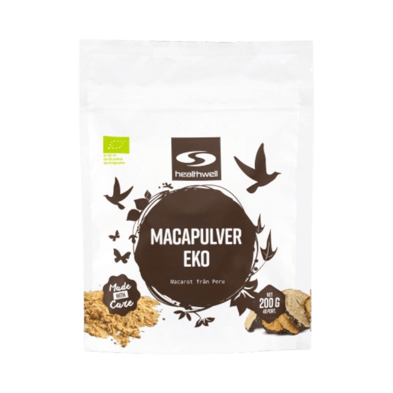 Healthwell macapulver ekologiskt, 200 gram från Peru, i miljövänlig vit förpackning.
