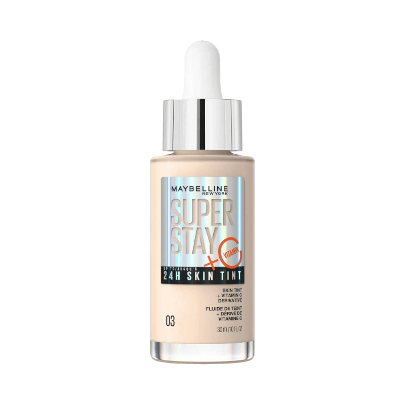 Maybelline Superstay 24H Skin Tint foundation med C-vitamin för naturlig och långvarig finish.