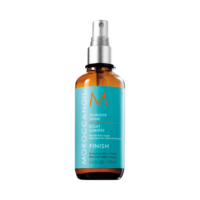 Moroccanoil Glimmer Shine spray som framhäver hårets glans och skyddar mot yttre påfrestningar.