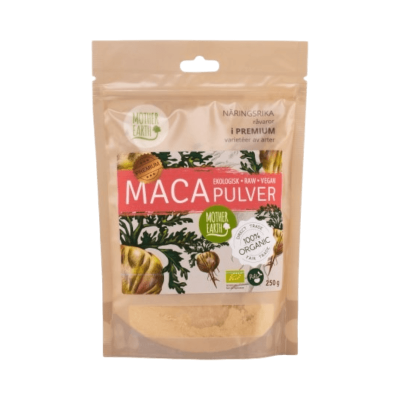 Mother Earth ekologiskt och rått macapulver i 250g påse med fair trade-certifiering.