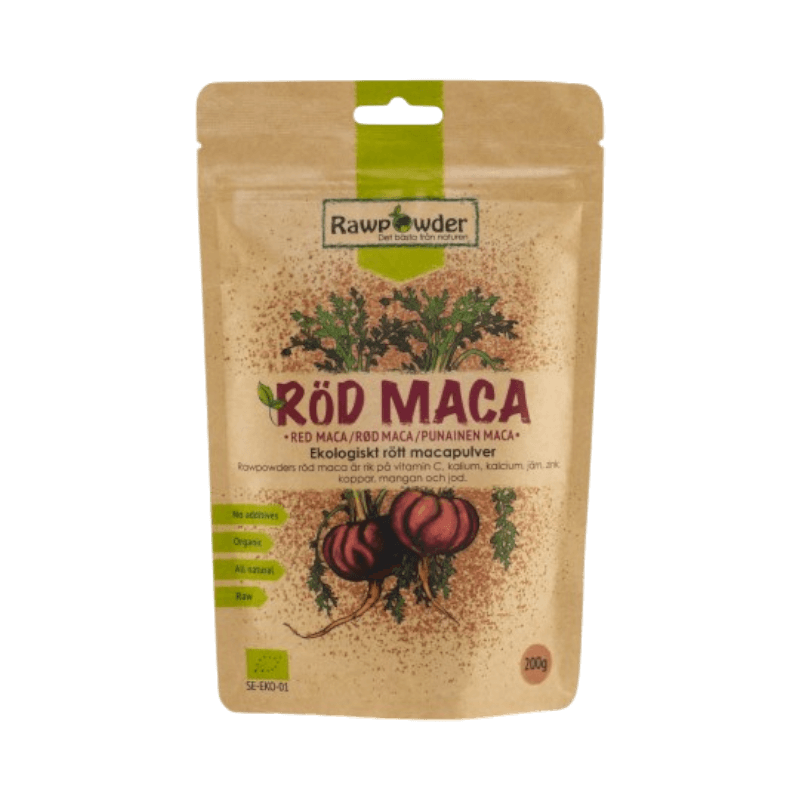 Rawpowder ekologiskt rött macapulver, rikt på mineraler och vitaminer, 200 gram.