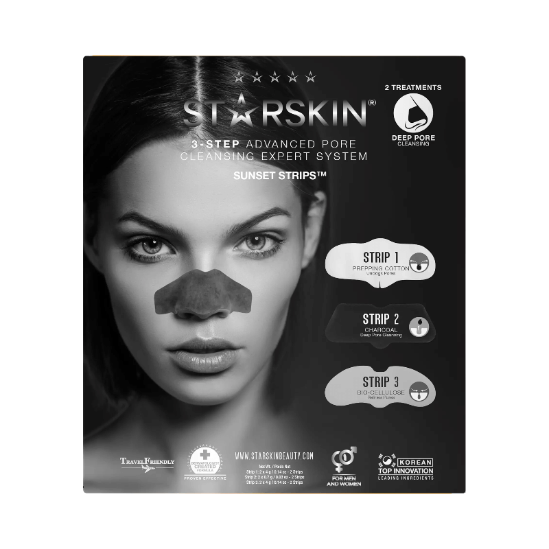 Starskin Sunset Strips 3-stegsbehandling för djup porrengöring med kol och biocellulosa.