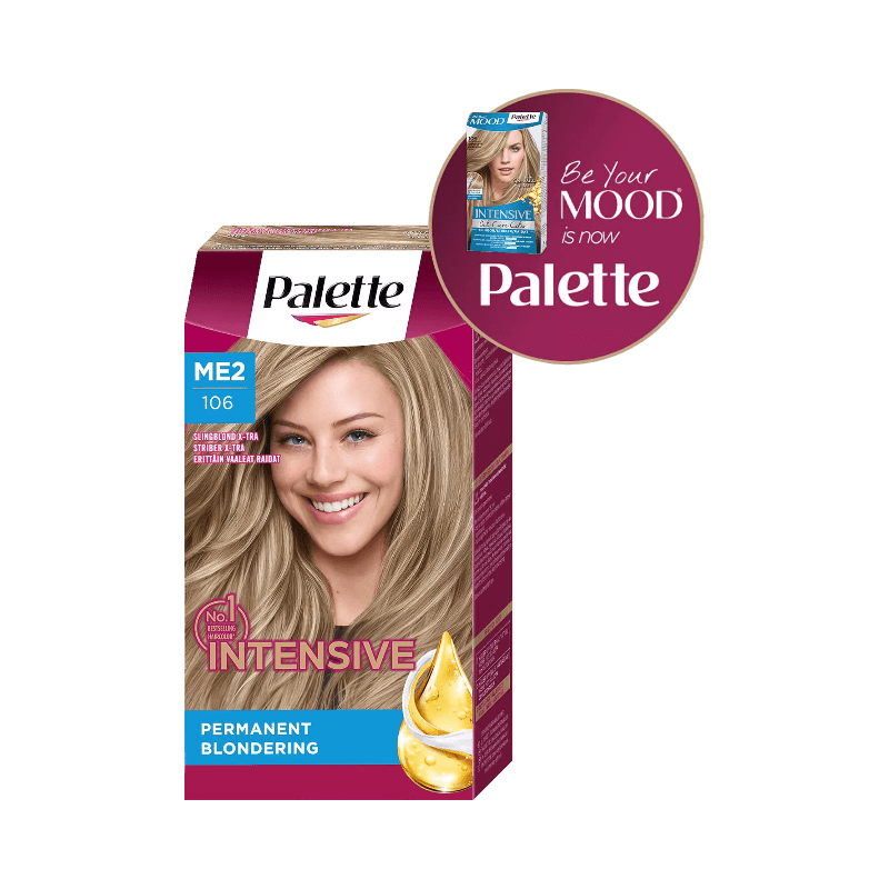 Palette Intensive permanent blondering ME2, tidigare Mood 106, ger ljusa slingor med långvarigt resultat.