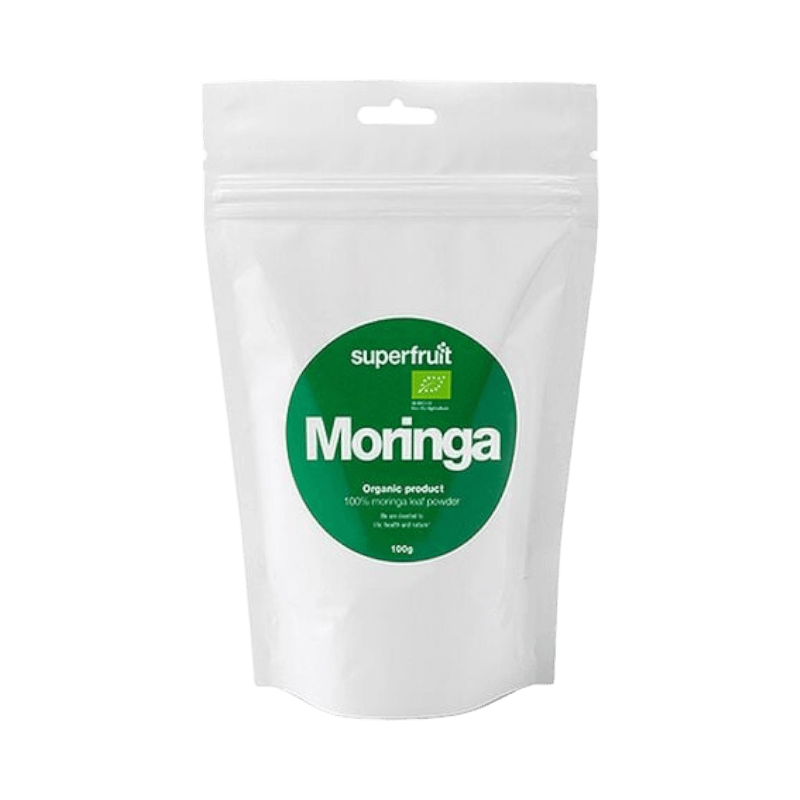 Ekologiskt moringapulver från Superfruit – 100 g näringsrikt superfood i återförslutningsbar påse.