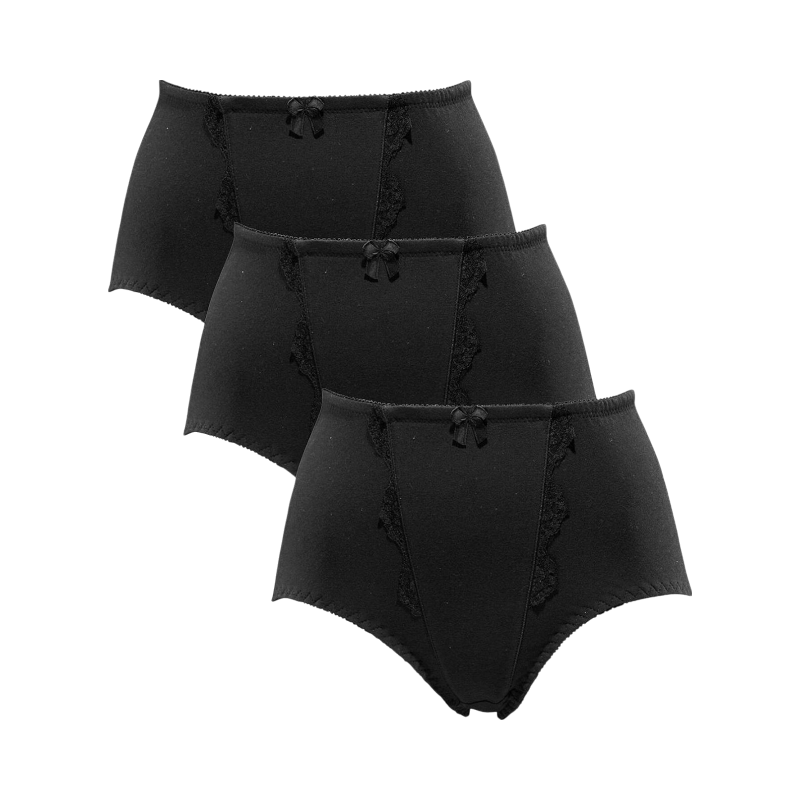 Svarta högmidjade trosor i spetsdesign med rosett, säljs i praktiskt 3-pack.