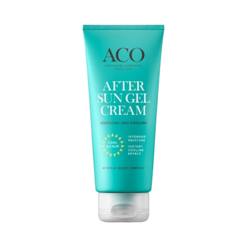 ACO After Sun Gel Cream med kylande effekt och intensiv återfuktning efter solning.