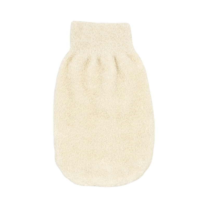 Rosa skrubbhandskar från AUSTRE som effektivt exfolierar huden vid dusch eller bad.
