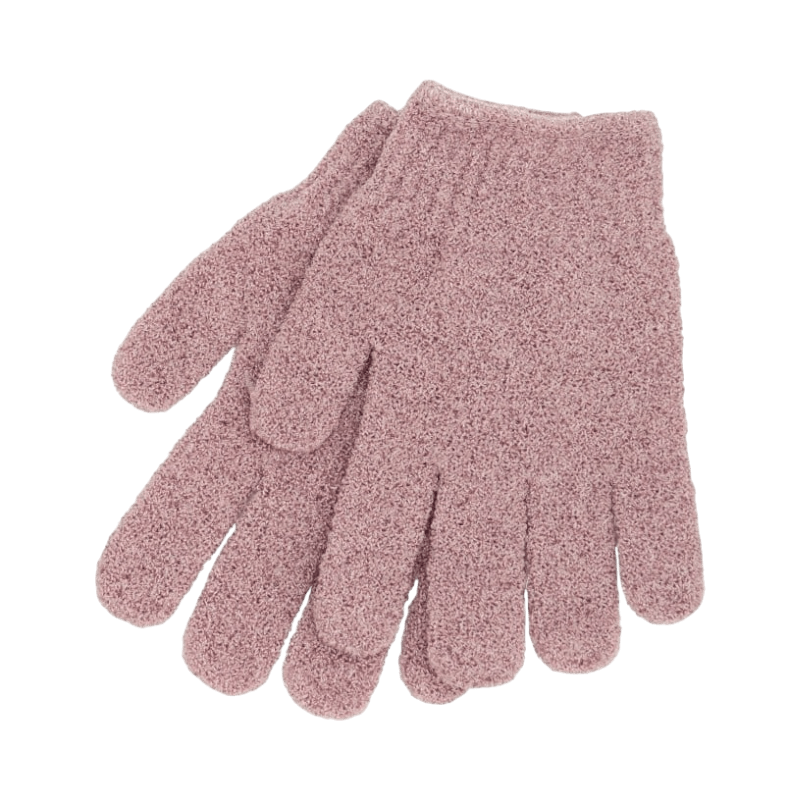 Rosa skrubbhandskar från AUSTRE som effektivt exfolierar huden vid dusch eller bad.