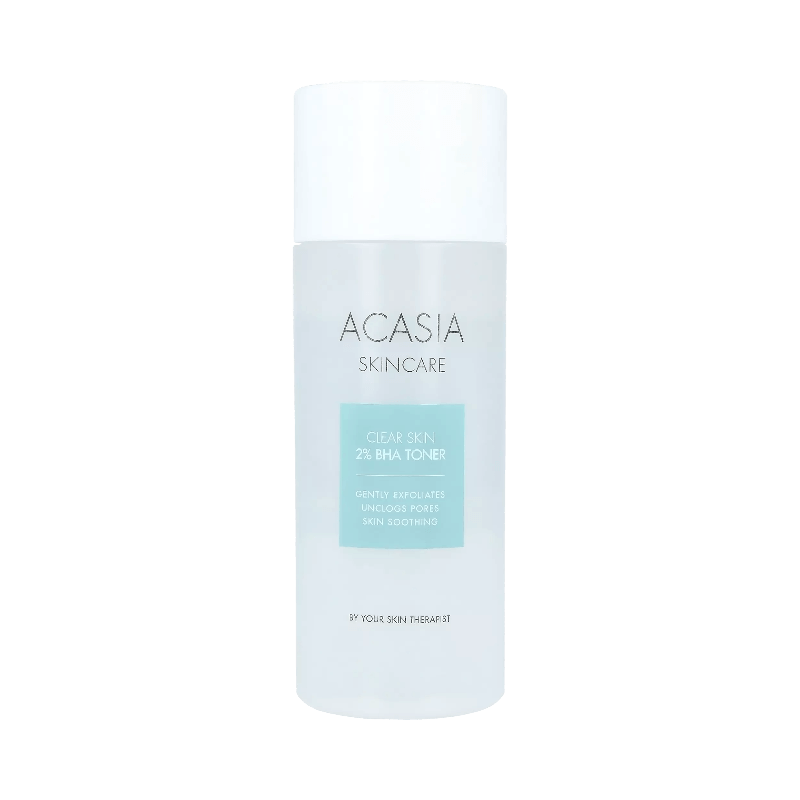 Acasia Skincare Clear Skin 2% BHA toner i ljusblå och vit flaska för exfoliering