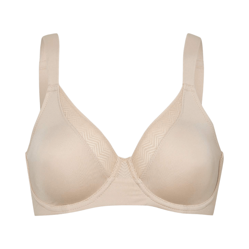 Beige minimizer-bh med breda axelband som formar och minskar bystvolymen bekvämt.