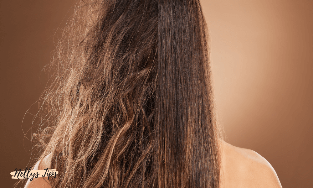 Halva håret är frissigt och andra halvan slät, visar skillnad efter anti-frizz behandling.